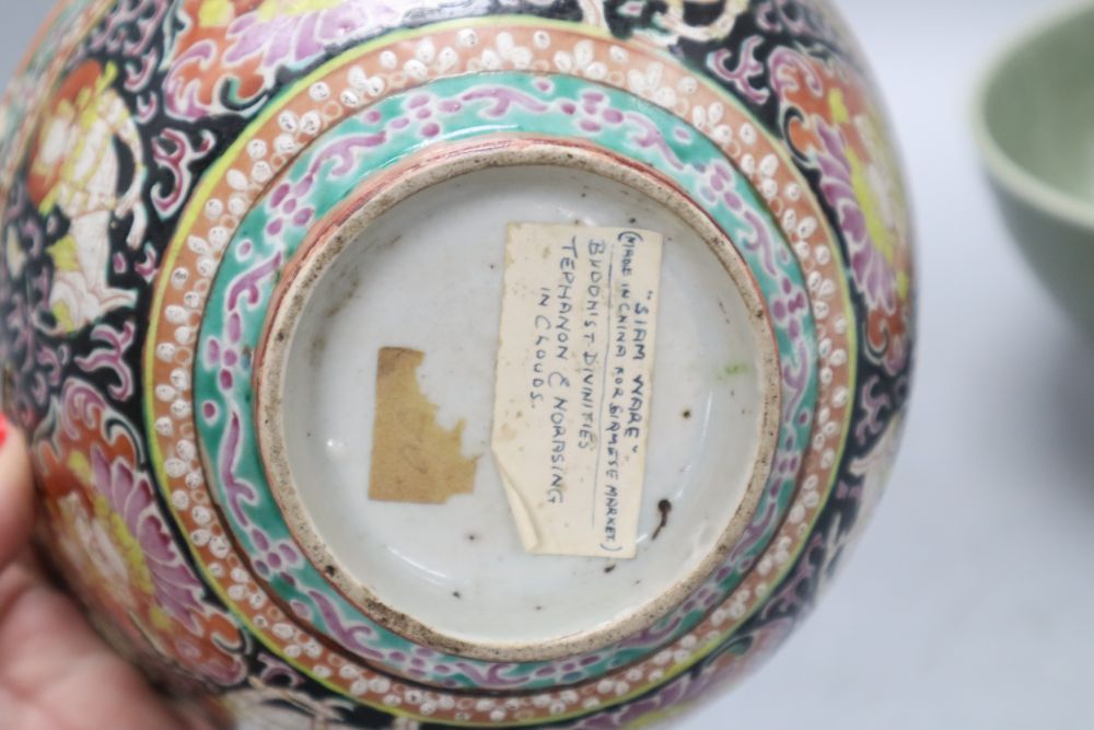 A Chinese celadon bowl, a Thai market famille rose bowl and a crackle glaze bowl